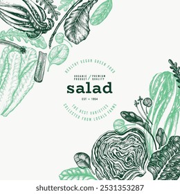 Modelo de design de legumes verdes. Banner de salada de folha desenhada à mão do vetor. Ilustração de Menu de Estilo Vintage.