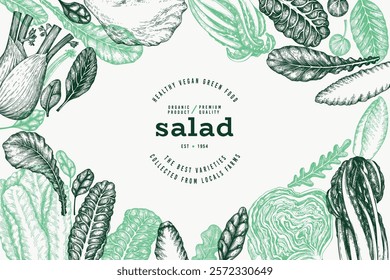 Modelo de design de legumes verdes. Banner de salada de folha desenhada à mão do vetor. Ilustração de Menu de Estilo Vintage.
