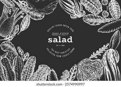 Green Vegetable Design Template. Vector Hand Drawn Healthy Leaf Salad Banner. Vintage Style Menu IllustrationOn Chalk Board.