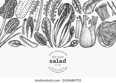 Green Vegetable Design Template. Vector Hand Drawn Healthy Leaf Salad Banner. Vintage Style Menu Illustration.