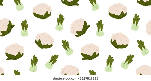 Green vegetable pattern. Seamless vegetarian background, cauliflower and bok choy veggies. Printable vegan repeating print. Repeatable flat vector illustration for wrapping, textile, fabric, wallpaper