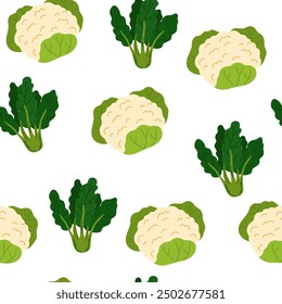 Green vegetable pattern. Seamless vegetarian background, cauliflower and bok choy veggies. Printable vegan repeating print. Repeatable flat vector illustration for wrapping, textile, fabric, wallpaper