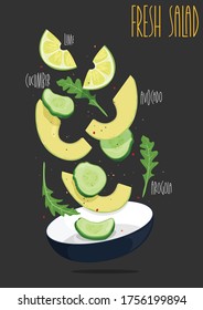 Green vegetable salad with arugula, cucumber and avocado. Vector illustration