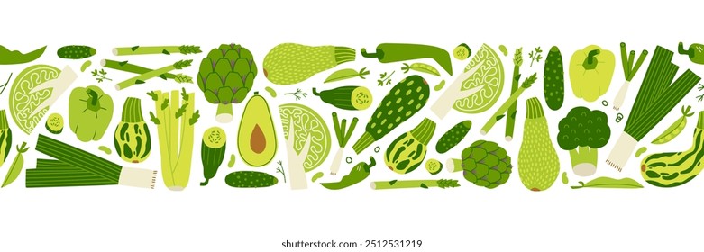 Verde vegetal sem costura fronteira horizontal. Impressão vegetal orgânica fresca para cozinha, menu, design de pacote de alimentos com repolho, abobrinha, cebola. Ilustração de vetor plana desenhada à mão.