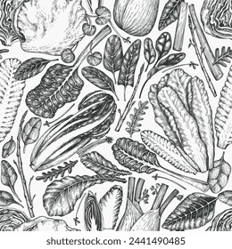Green Vegetable Seamless Vector Pattern. Vector Hand Drawn Healthy Leaf Salad Background. Vintage Style Menu Illustration.