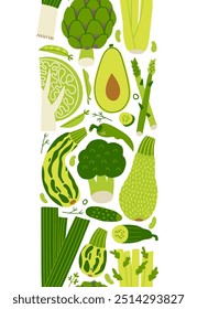 Grünes Gemüse nahtlose vertikale Grenze. Frischer Bio-Veggie-Print für Küche, Menü, Food-Paket-Design mit Kohl, Zucchini, Zwiebel. Handgezeichnete, flache Vektorgrafik.