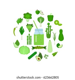 Green vegetable set, detox. Fruits and vegetables vector icons collection. Flat modern style.  Full of vitamins healthy eating concept. 