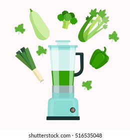 Green Vegetable Smoothie Juice. Food Processor, Mixer, Blender And Vegetables. Flat Style Vector Illustration.