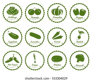 Green vegetable sticker and stamp set. Set of green silhouette vegetables label, icons, badge, sticker and logo design in vector style.