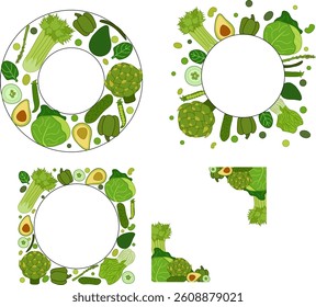 Green vegetables circle round square frame set, boxing, bordering. card template. Text, copy space. vector flat Spinach, Dandelion, broccoli, Collard for cooking bakery labels textile tags
