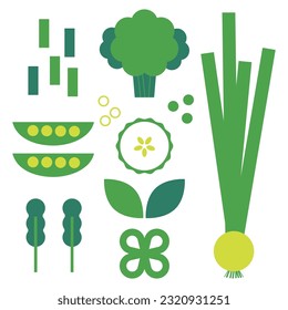 Green vegetables collection. Decorative abstract flat vector illustration with green vegetables, broccoli, green beans, onion, cucumber. Geometric modern illustration with vegetables. Eat more green.