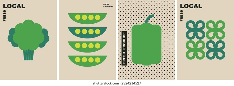 Colección de verduras verdes. Ilustración abstracta de vector plana decorativa con verduras verdes. Verduras verdes, brócoli, pimienta verde, guisantes. Fondo perfecto para afiches web, diseño de portada.