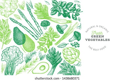 Green vegetables design template. Hand drawn vector food illustration. Engraved style vegetable frame. Retro botanical banner.