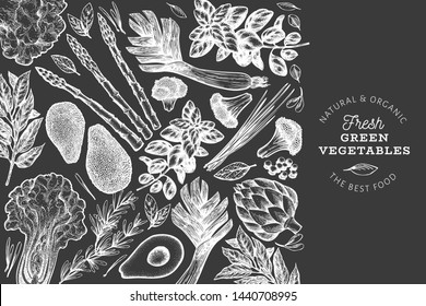 Green vegetables design template. Hand drawn vector food illustration on chalk board. Engraved style vegetable frame. Retro botanical banner.