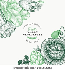 Green vegetables design template. Hand drawn vector food illustration. Engraved style vegetable frame. Vintage botanical banner.