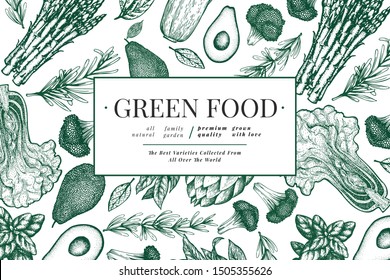 Green vegetables design template. Hand drawn vector food illustration. Engraved style vegetable frame. Retro botanical banner.