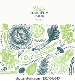 Green vegetables design template. Hand drawn vector food illustration. Engraved style vegetable banner. Retro botanical banner.