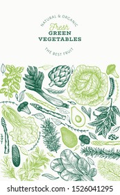 Green Vegetables Design Template. Hand Drawn Vector Food Illustration. Engraved Style Vegetable Banner. Retro Botanical Banner.