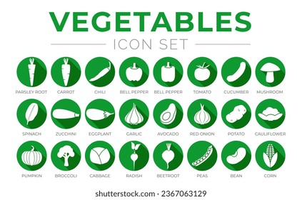Green Vegetables Flat Round Icon Set of Parsey Root, Carrot, Chilli, Paprika, Pepper, Tomato, tomato, Avocado, Cauliflower, Pumpkin, Broccoli, Cabbage, Radish, Beetroot, Peas, Bean, Corn Icons.