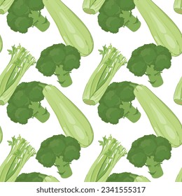 Green vegetables in flat style. Pattern vector. Broccoli, zucchini and a bunch of celery leaves on a white background. Healthy ripe agricultural vegetables suitable for detox, vitamin smoothie.