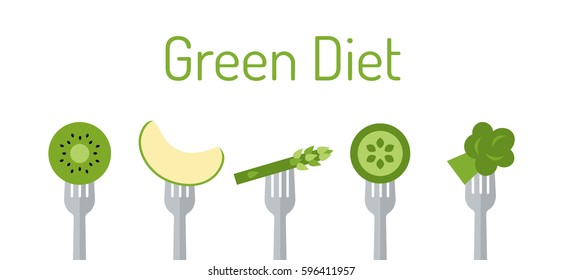 Green vegetables and fruit on forks. Green diet healthy eating concept. Vector illustration in flat style.