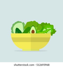 Green vegetables and fruits in a plate in flat style. Fresh, natural, healthy food