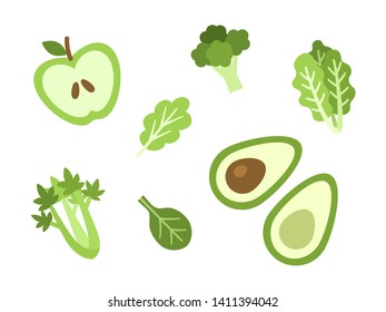 Green vegetables and fruits set. Healthy organic fresh food flat cartoon illustration