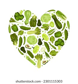 Green Vegetables Heart Shape Composition Design with Fresh Organic Food Vector Template