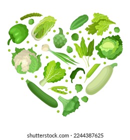 Green vegetables of heart shape. Natural healthy organic food for poster, card, banner design cartoon vector