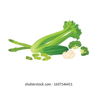 Green Vegetables Isolated on White Background Vector Composition