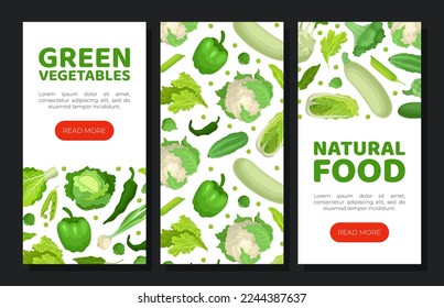 Green vegetables mobile app templates set. Natural organic farm products landing page cartoon vector