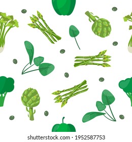 Green vegetables on white background. artichoke, spinach, pepper, celery, broccoli. seamless pattern. Summer time
