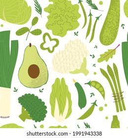 Green vegetables pattern. Healthy vegan food concept. Flat hand drawn veggies in fresh print for plant-based diet menu. Avocado, leek, cauliflower, broccoli with leaves and greenery.