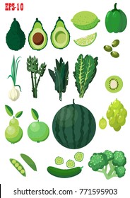 green vegetables, pear , Apple, lettuce , watermelon, vector, isolated on white background