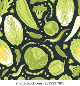 Green vegetables. Peking and white cabbage, cucumbers and beans, bell peppers and jalapenos, broccoli and zucchini. seamless pattern, Healthy lifestyle, proper nutrition, harvesting. Dark background.