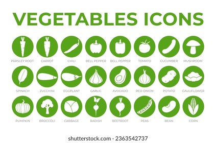 Green Vegetables Round Icon Set of Parsey Root, Carrot, Chilli, Paprika, Pepper, Tomato, Cucumber, Mushroom, Spinach, Zucchini, Eggplant, Garlic, Onion, Potato, Icons.