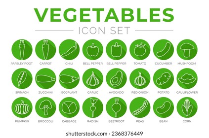 Green Vegetables Round Outline Icon Set of Carrot, Chilli, Pepper, Tomato, Cucumber, Mushroom, Spinach, Zucchini, Eggplant, Garlic, Potato, Tomato, Avocado, Cauliflower, Pumpkin, Broccoli, Corn Icons.