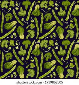 Green vegetables seamless decorative pattern. Organic farmer vegetables pattern, broccoli, asparagus, beans sprouts and salad. Hand drawn style vector background for print design or kitchen textile.