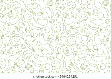 green vegetables seamless pattern with beetroot, chili pepper, eggplant, broccoli, mushroom, tomato, onion, carrot icons; great for packaging for organic food products - vector illustration