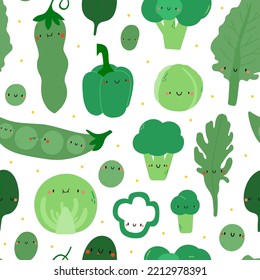 Green vegetables seamless pattern. Cute vector texture with food characters - kale, arugula, peas, bell pepper, broccoli, spinach, cabbage. Green healthy food background