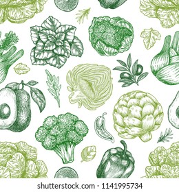 Green vegetables seamless pattern. Handsketched vintage vegetables. Line art illustration. Vector illustration