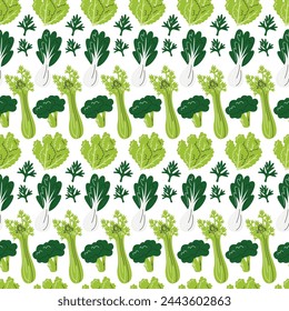 Green vegetables seamless pattern. Healthy smoothie ingredients isolated on white. Repeating background with celery, broccoli, cabbage, bok choy and dill. Veggies hand drawn flat vector illustration