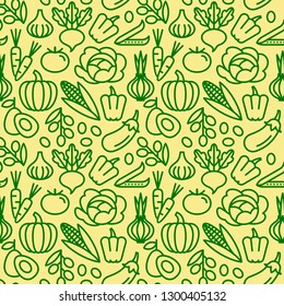 Green vegetables seamless pattern. Vector vegetarian food image set.