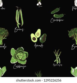 Green vegetables seamless pattern. Vegan food black background with avocado, cucumber, onion, bean string, broccoli, pak choi, cabbage, asparagus. Eco vegetarian meal concept design.