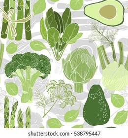 Green vegetables. Seamless vector pattern. Food background with artichoke, spinach, broccoli, fennel, avocado and asparagus.