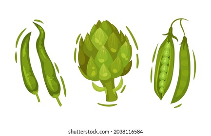 Grünes Gemüse-Set. Erbsen, Pfeffer, künstlich angebaute vegetarische Lebensmittel, Vektorgrafik