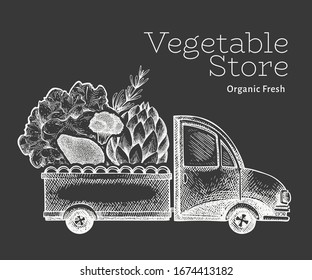 Green vegetables shop delivery logo template. Hand drawn vector truck with vegetables illustration. Engraved style vintage food design.