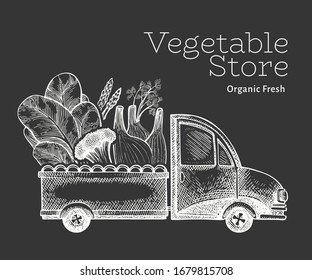 Green vegetables shop delivery logo template. Hand drawn vector truck with vegetables illustration. Engraved style vintage food design.