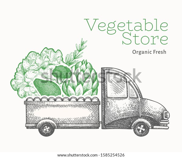 Green vegetables shop delivery logo template.\
Hand drawn vector truck with vegetables illustration. Engraved\
style vintage food\
design.