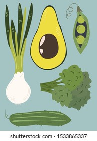Green vegetables such as onion, pea, broccoli, cucumber, avocado on blue background.